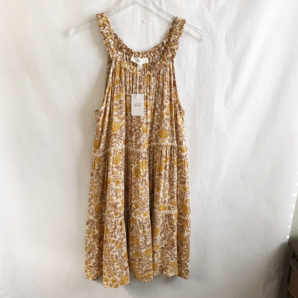 Lucky Brand Cream Floral Sleeveless Swing Dress Size M Crochet Detail NWT
